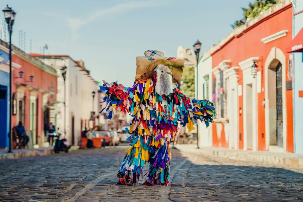 Home Vibrant traditional costume on a cobbled street in Oaxaca, Mexico, showcasing Mexican folklore and culture.